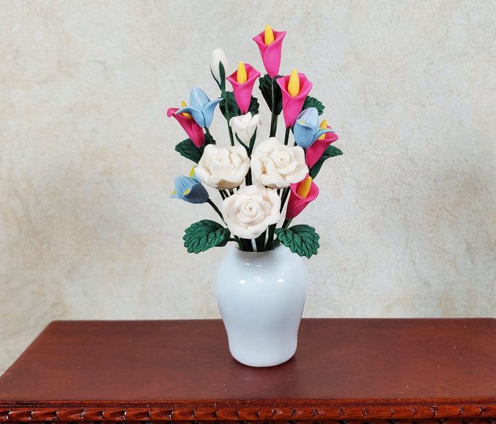 Dollhouse Large Vase of Flowers White Roses Calla Lilies 1:12 Scale Miniature - MiniatureCrush
