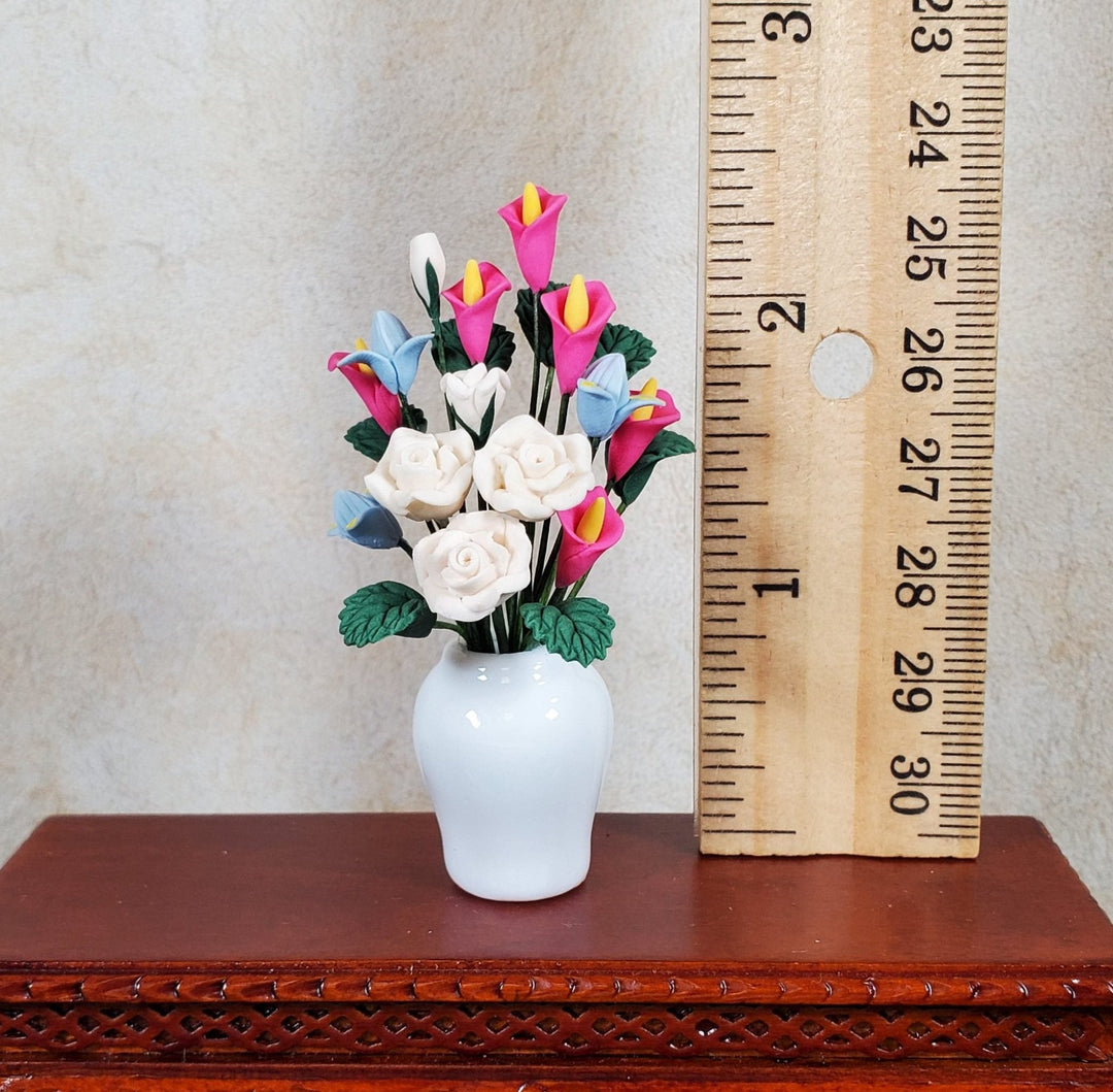Dollhouse Large Vase of Flowers White Roses Calla Lilies 1:12 Scale Miniature - MiniatureCrush