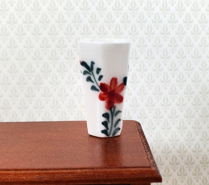 Dollhouse Large Vase White Ceramic Red Flower Design Use in 1:12 or 1/6 Scale - Miniature Crush