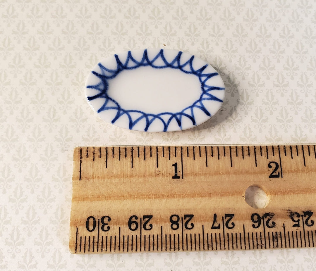 Dollhouse Large White Ceramic Platter with Blue Trim1:12 Scale Miniature - MiniatureCrush