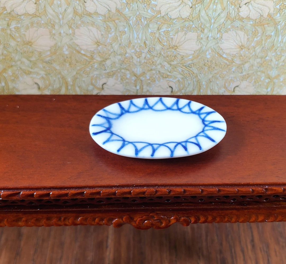 Dollhouse Large White Ceramic Platter with Blue Trim1:12 Scale Miniature - MiniatureCrush