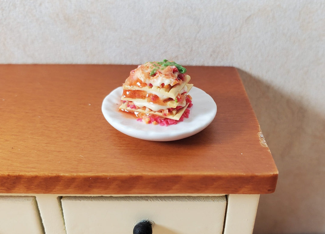 Dollhouse Lasagna on a White Ceramic Plate 1:12 Scale Miniature Food Kitchen - MiniatureCrush