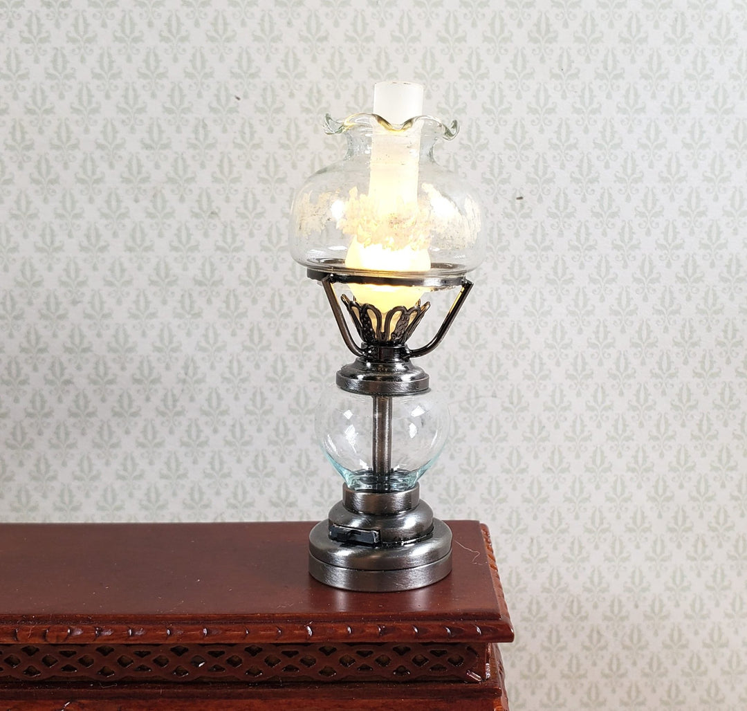 Dollhouse Light Hurricane Oil Lamp Battery Operated 1:12 Scale Aged Pewter - MiniatureCrush