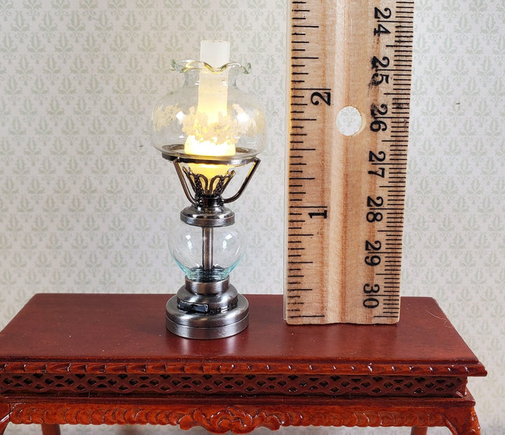 Dollhouse Light Hurricane Oil Lamp Battery Operated 1:12 Scale Aged Pewter - MiniatureCrush
