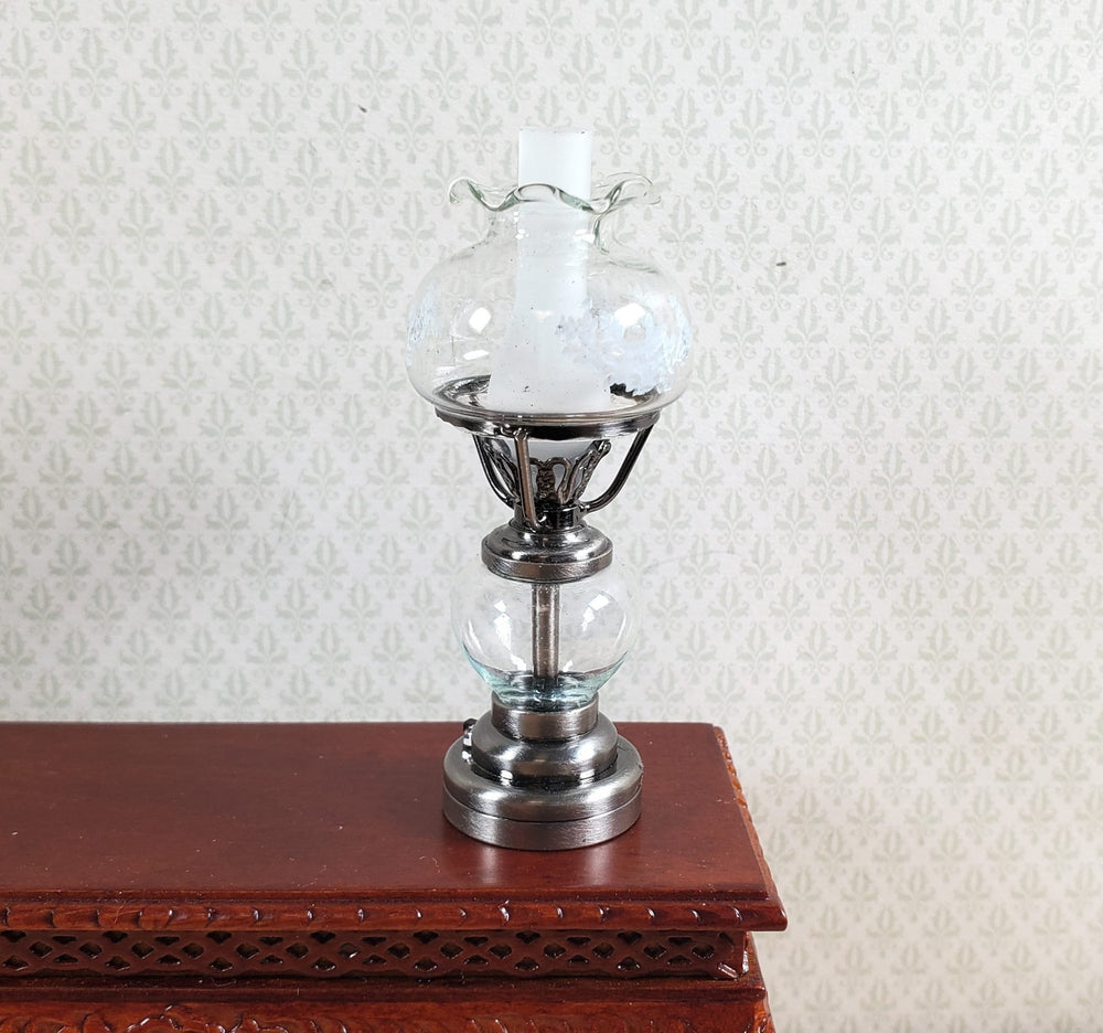 Dollhouse Light Hurricane Oil Lamp Battery Operated 1:12 Scale Aged Pewter - MiniatureCrush