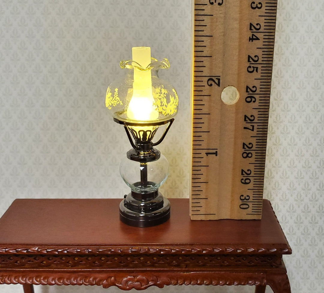 Dollhouse Light Hurricane Oil Lamp Battery Operated 1:12 Scale Chrome Black - MiniatureCrush