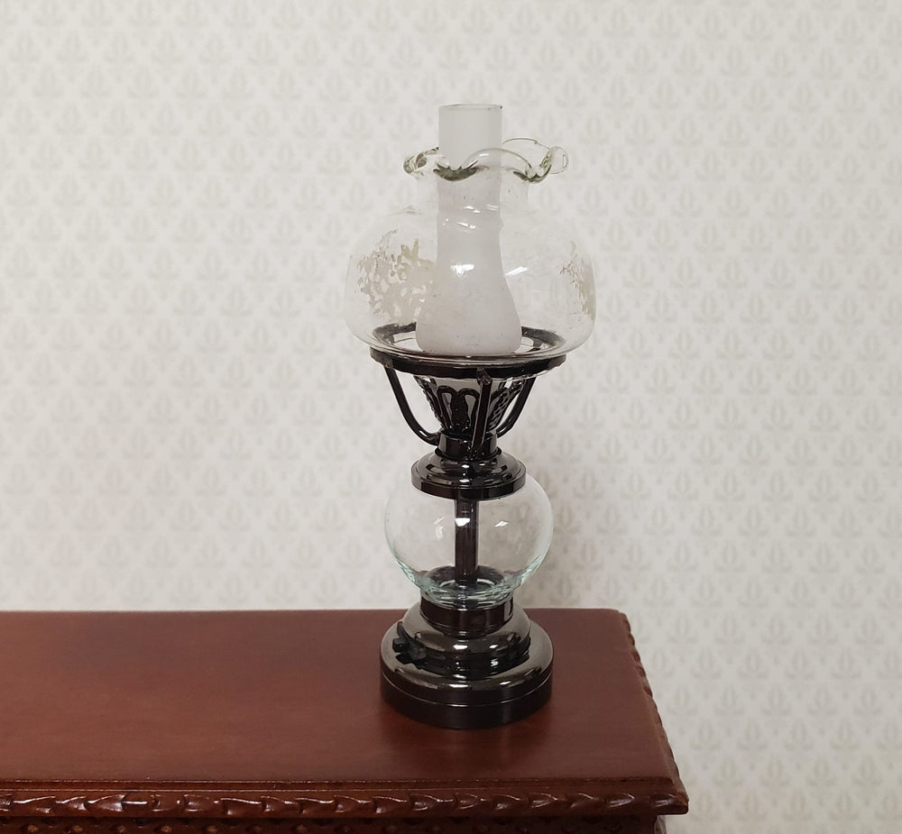 Dollhouse Light Hurricane Oil Lamp Battery Operated 1:12 Scale Chrome Black - MiniatureCrush