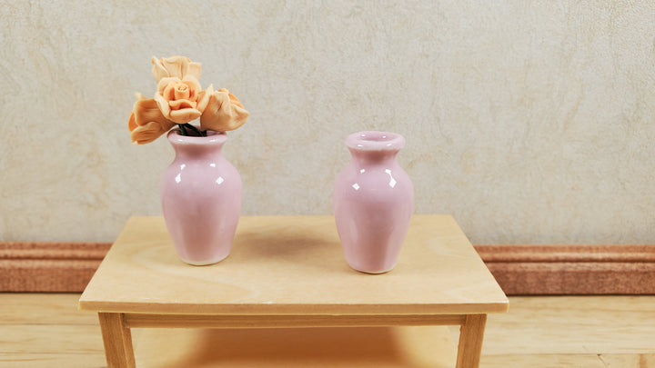 Dollhouse Light Pink Glazed Ceramic Vases x2 1:12 Scale Miniature - MiniatureCrush
