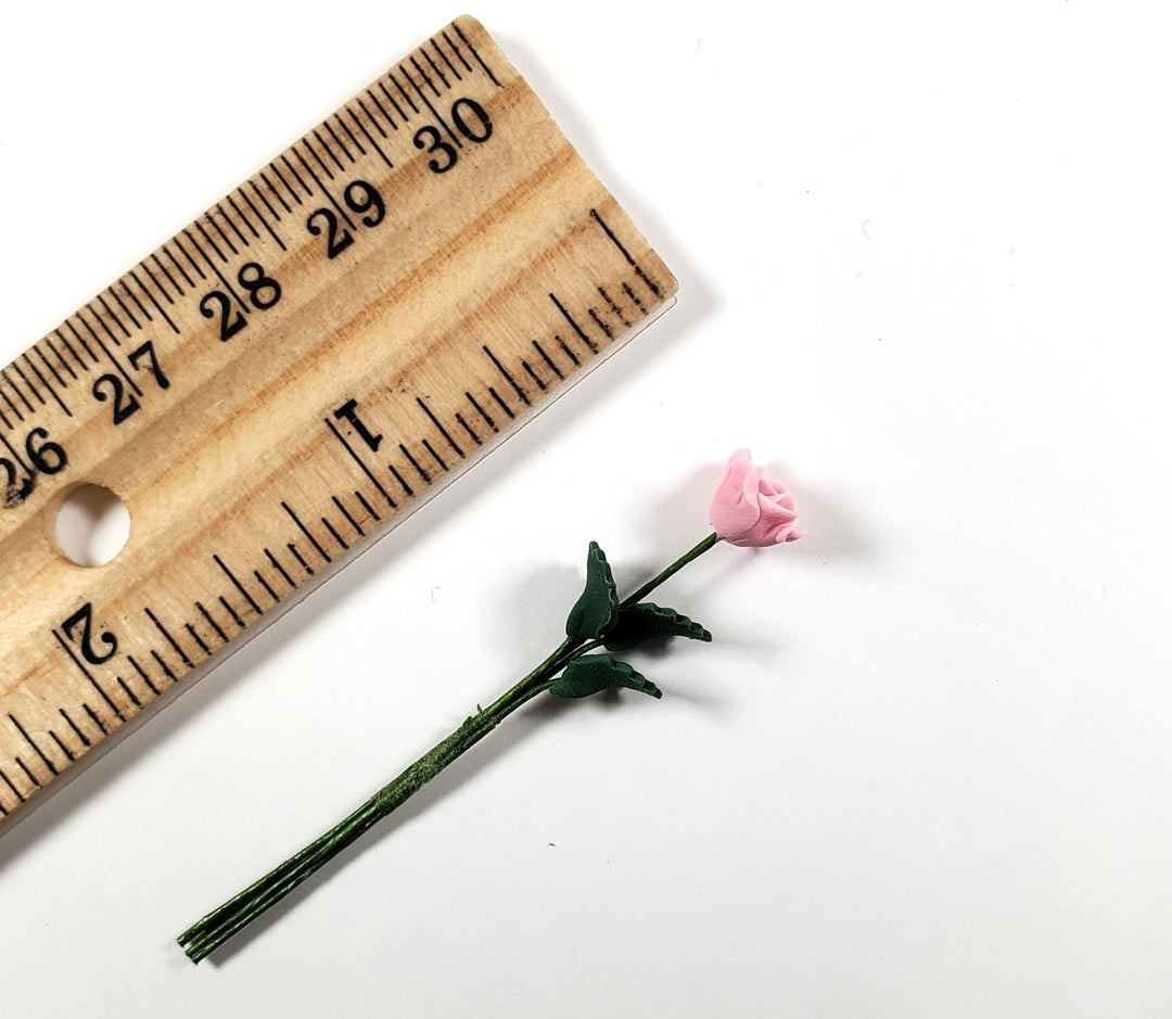 Dollhouse Light Pink Rose Single Stem with Foliage 1:12 Scale Miniature - MiniatureCrush