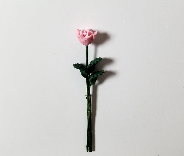 Dollhouse Light Pink Rose Single Stem with Foliage 1:12 Scale Miniature - MiniatureCrush