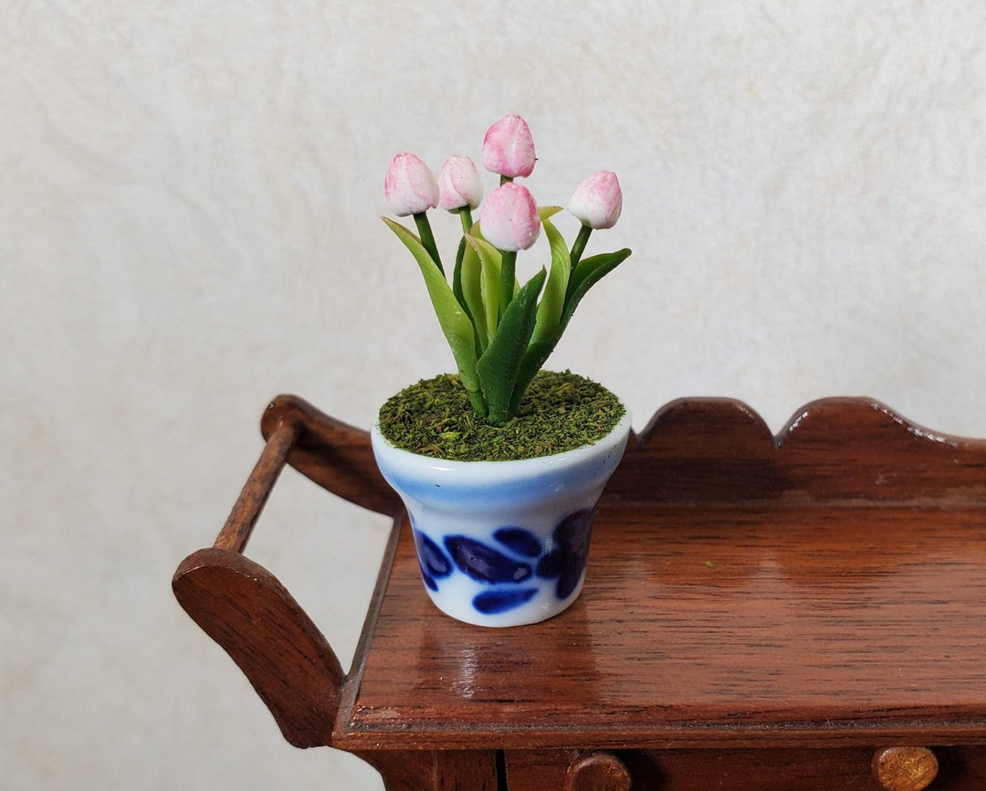 Dollhouse Light Pink Tulips in a Blue & White Ceramic Pot 1:12 Scale Miniature - MiniatureCrush