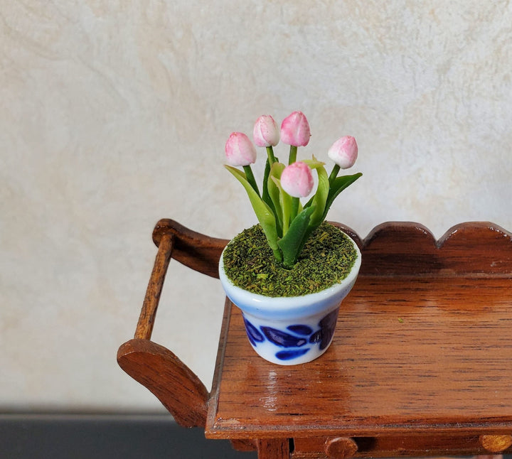 Dollhouse Light Pink Tulips in a Blue & White Ceramic Pot 1:12 Scale Miniature - MiniatureCrush