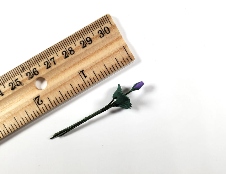 Dollhouse Light Purple Rose Bud Single Stem with Foliage 1:12 Scale Miniature - MiniatureCrush