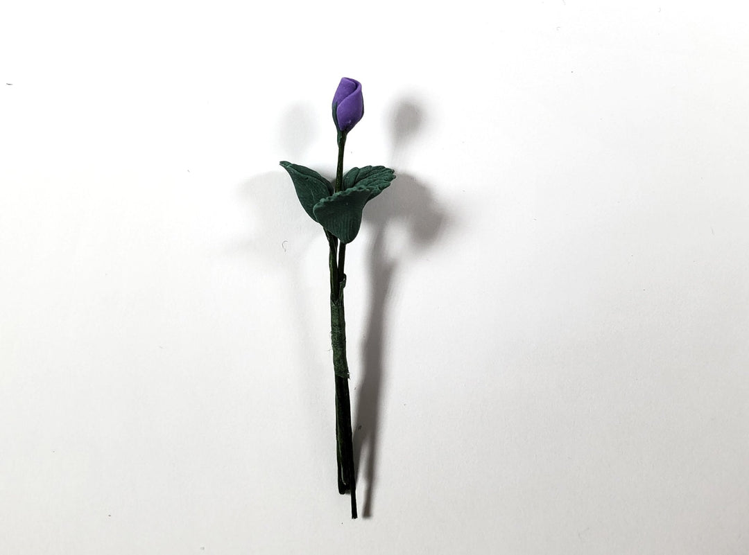 Dollhouse Light Purple Rose Bud Single Stem with Foliage 1:12 Scale Miniature - MiniatureCrush