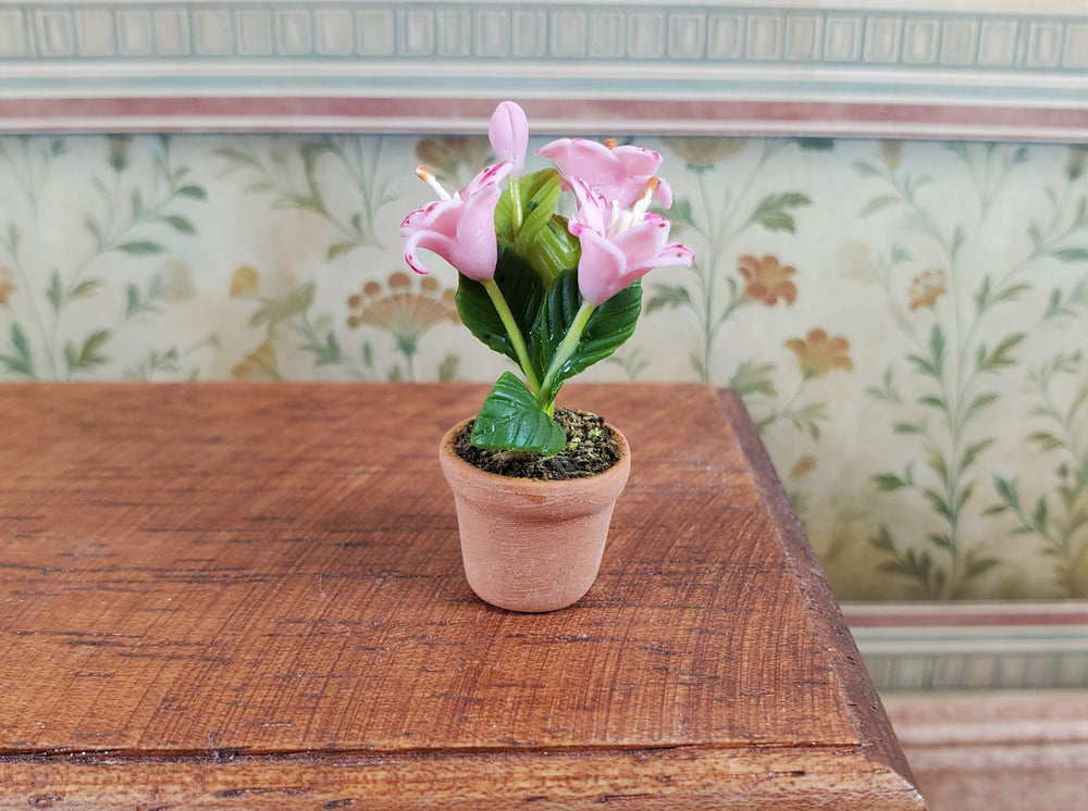Dollhouse Lilies Pink in a Terra Cotta Planter 1:12 Scale Miniature Lily Flowers - MiniatureCrush