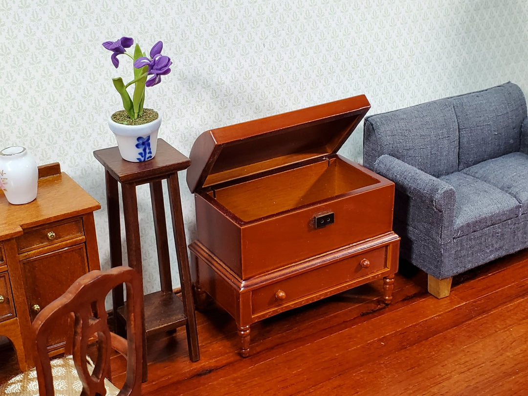 Dollhouse Lincoln Dome Chest Trunk 1:12 Scale Miniature Walnut Finish w/ Drawer - Miniature Crush