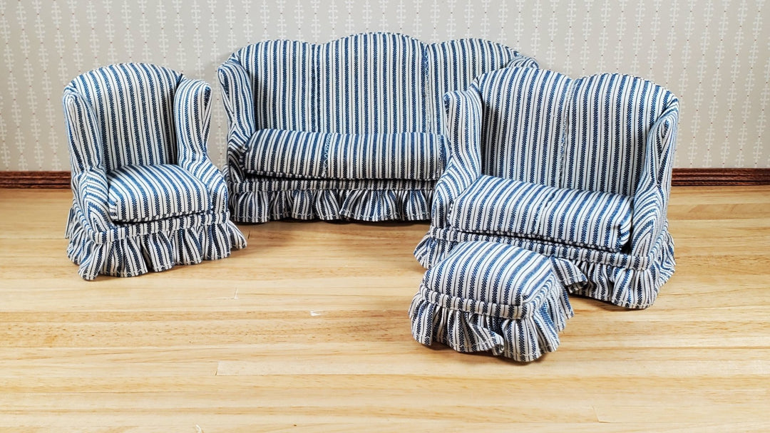 Dollhouse Living Room Set 4 pc Blue White Striped 1:12 Scale Miniature Furniture - MiniatureCrush