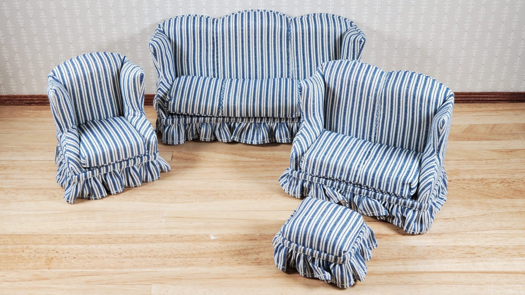 Dollhouse Living Room Set 4 pc Blue White Striped 1:12 Scale Miniature Furniture - MiniatureCrush