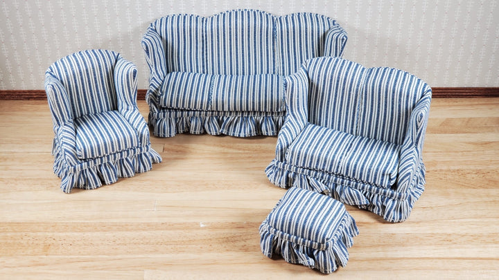 Dollhouse Living Room Set 4 pc Blue White Striped 1:12 Scale Miniature Furniture - MiniatureCrush