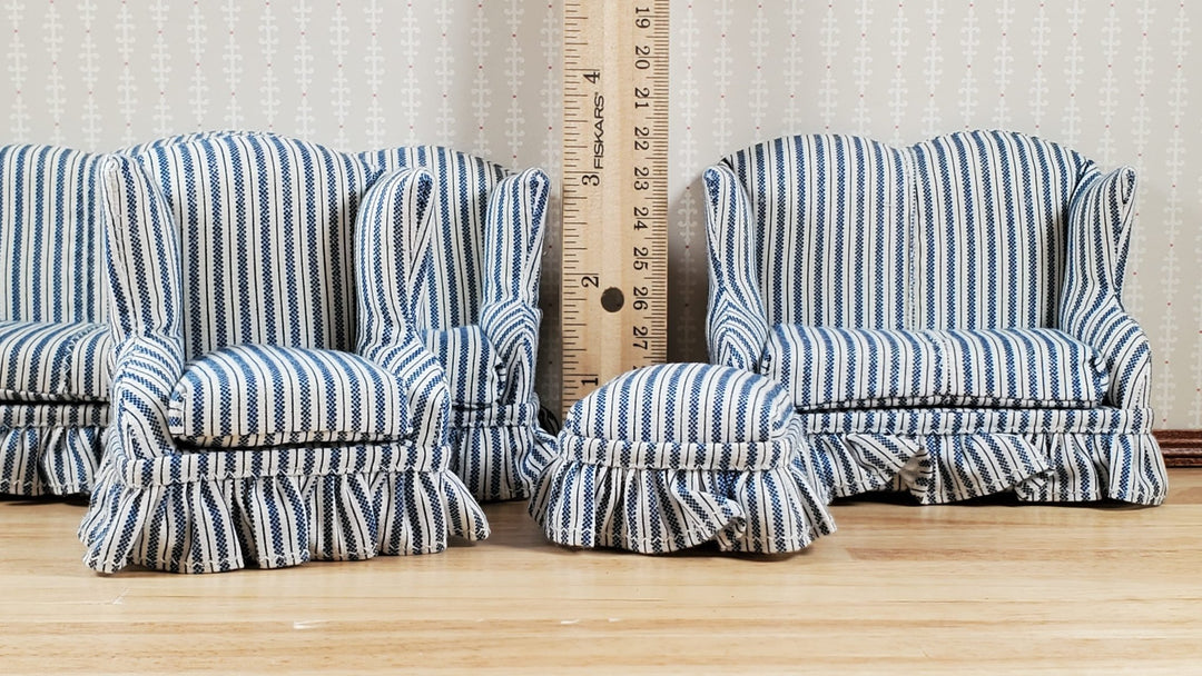 Dollhouse Living Room Set 4 pc Blue White Striped 1:12 Scale Miniature Furniture - MiniatureCrush