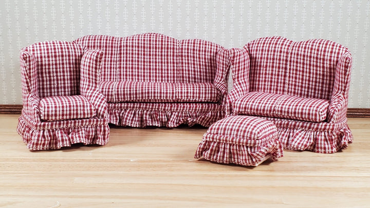 Dollhouse Living Room Set 4 pc Burgundy Plaid 1:12 Scale Miniature Furniture - MiniatureCrush