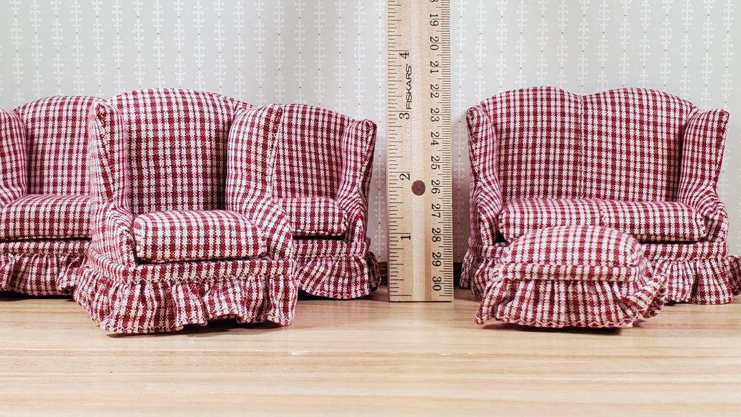 Dollhouse Living Room Set 4 pc Burgundy Plaid 1:12 Scale Miniature Furniture - MiniatureCrush