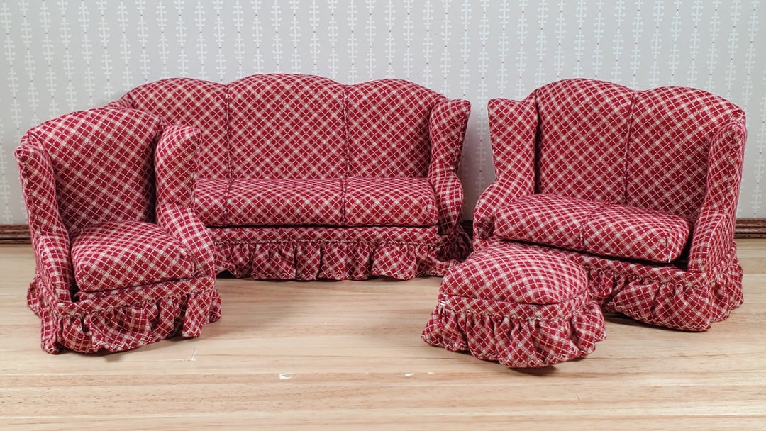 Dollhouse Living Room Set 4 pc Dark Red & Beige Plaid 1:12 Scale Miniature Furniture - MiniatureCrush