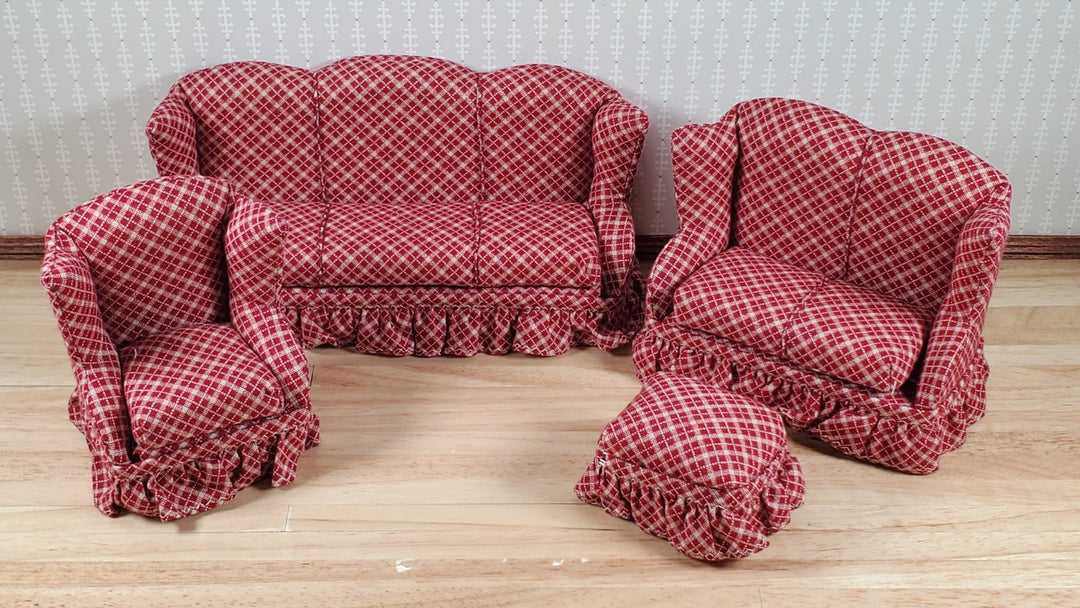 Dollhouse Living Room Set 4 pc Dark Red & Beige Plaid 1:12 Scale Miniature Furniture - MiniatureCrush