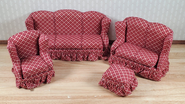 Dollhouse Living Room Set 4 pc Dark Red & Beige Plaid 1:12 Scale Miniature Furniture - MiniatureCrush