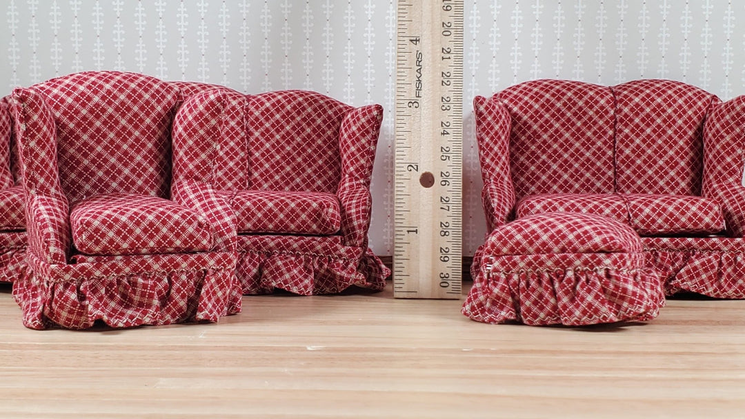Dollhouse Living Room Set 4 pc Dark Red & Beige Plaid 1:12 Scale Miniature Furniture - MiniatureCrush