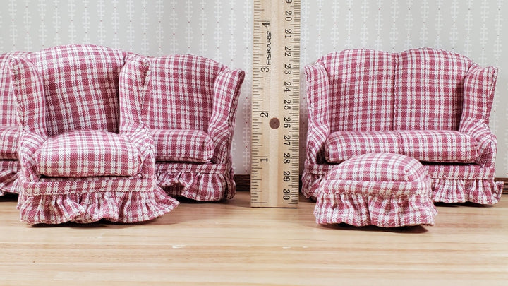 Dollhouse Living Room Set 4 pc Dusty Rose Plaid 1:12 Scale Miniature Furniture - MiniatureCrush