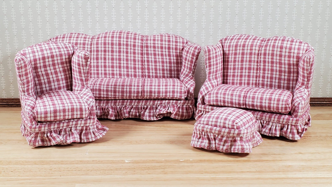 Dollhouse Living Room Set 4 pc Dusty Rose Plaid 1:12 Scale Miniature Furniture - MiniatureCrush