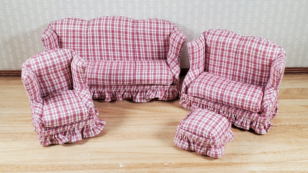 Dollhouse Living Room Set 4 pc Dusty Rose Plaid 1:12 Scale Miniature Furniture - MiniatureCrush