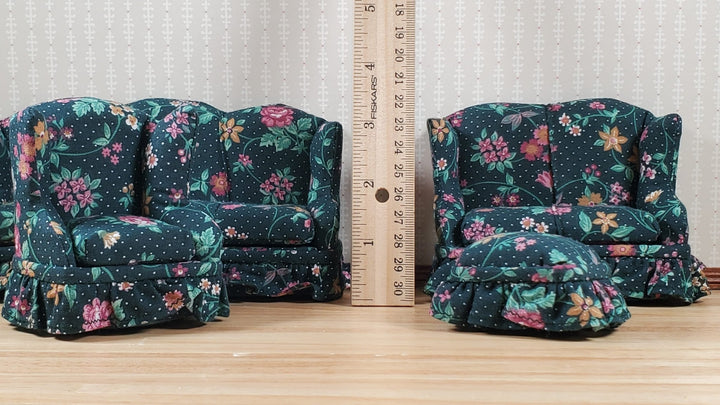 Dollhouse Living Room Set 4 pc Green Flowers & Vines 1:12 Scale Miniature Furniture - MiniatureCrush