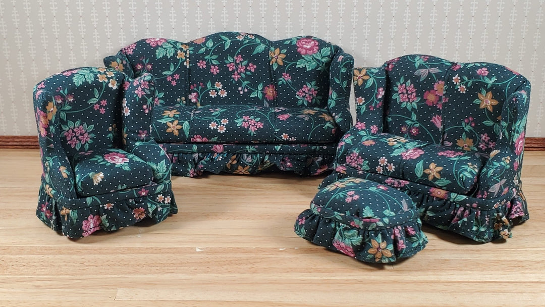 Dollhouse Living Room Set 4 pc Green Flowers & Vines 1:12 Scale Miniature Furniture - MiniatureCrush