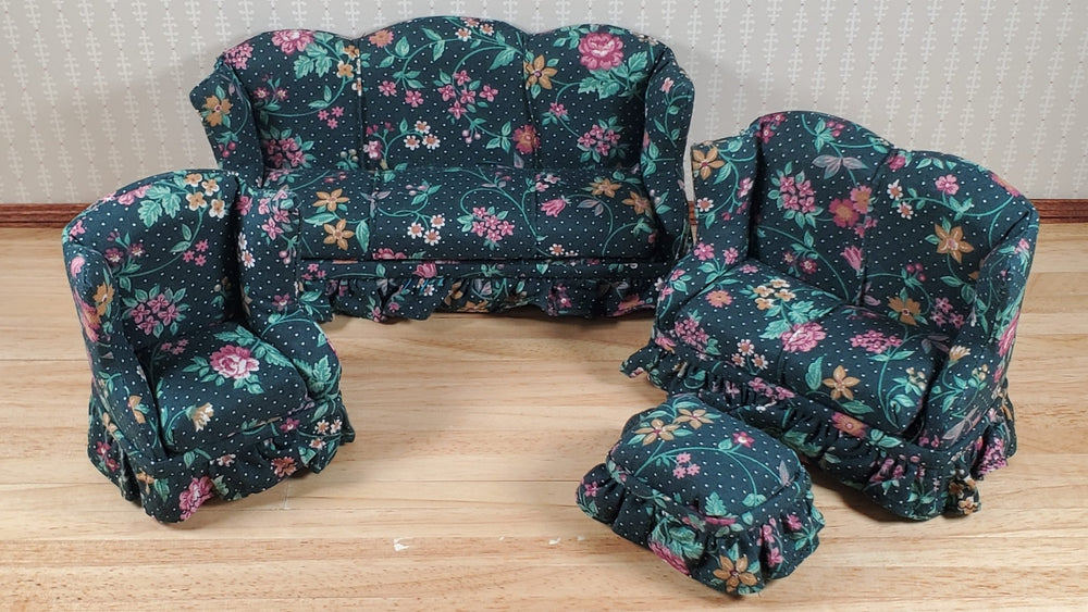 Dollhouse Living Room Set 4 pc Green Flowers & Vines 1:12 Scale Miniature Furniture - MiniatureCrush