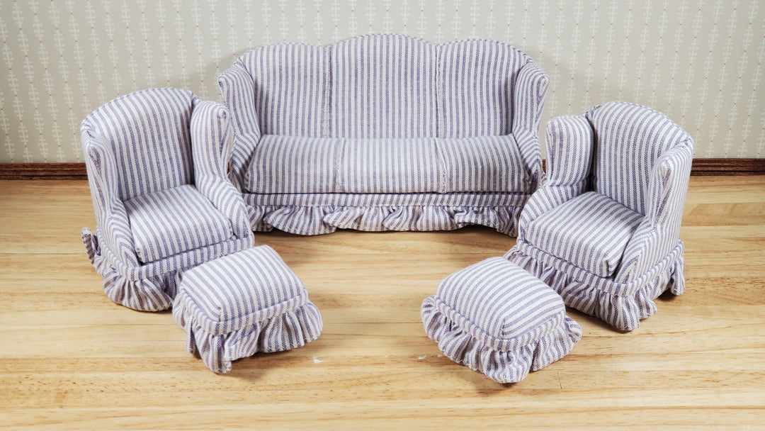 Dollhouse Living Room Set 4 pc Lavender Stripes 1:12 Scale Miniature Furniture - MiniatureCrush