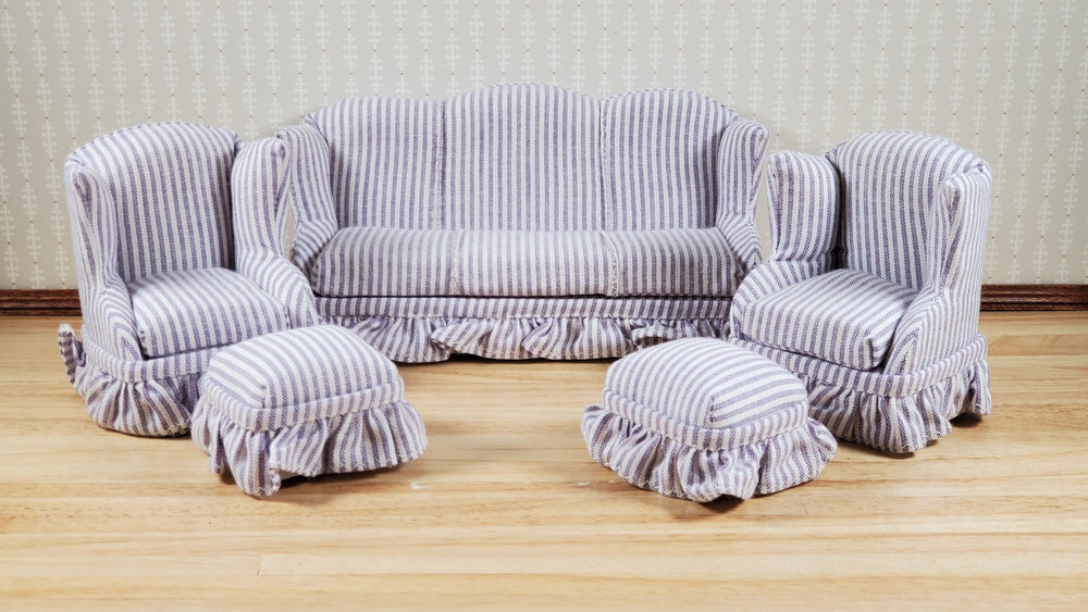 Dollhouse Living Room Set 4 pc Lavender Stripes 1:12 Scale Miniature Furniture - MiniatureCrush