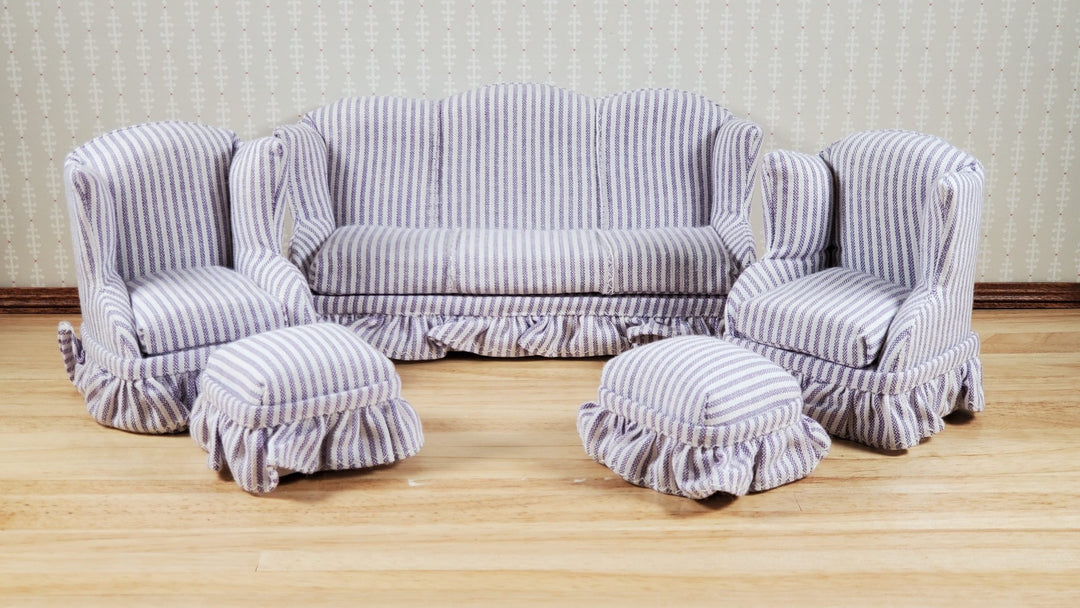 Dollhouse Living Room Set 4 pc Lavender Stripes 1:12 Scale Miniature Furniture - MiniatureCrush