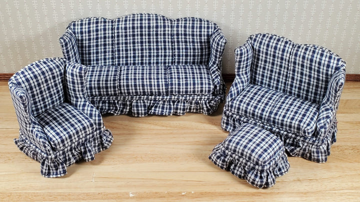 Dollhouse Living Room Set 4 pc Navy Blue Plaid 1:12 Scale Miniature Furniture - MiniatureCrush
