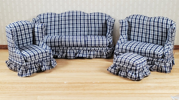 Dollhouse Living Room Set 4 pc Navy Blue Plaid 1:12 Scale Miniature Furniture - MiniatureCrush
