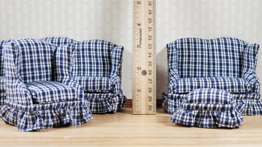 Dollhouse Living Room Set 4 pc Navy Blue Plaid 1:12 Scale Miniature Furniture - MiniatureCrush