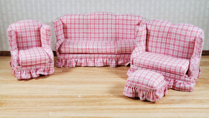 Dollhouse Living Room Set 4 pc Pink Plaid 1:12 Scale Miniature Furniture - MiniatureCrush