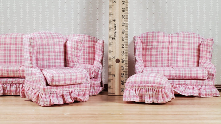 Dollhouse Living Room Set 4 pc Pink Plaid 1:12 Scale Miniature Furniture - MiniatureCrush