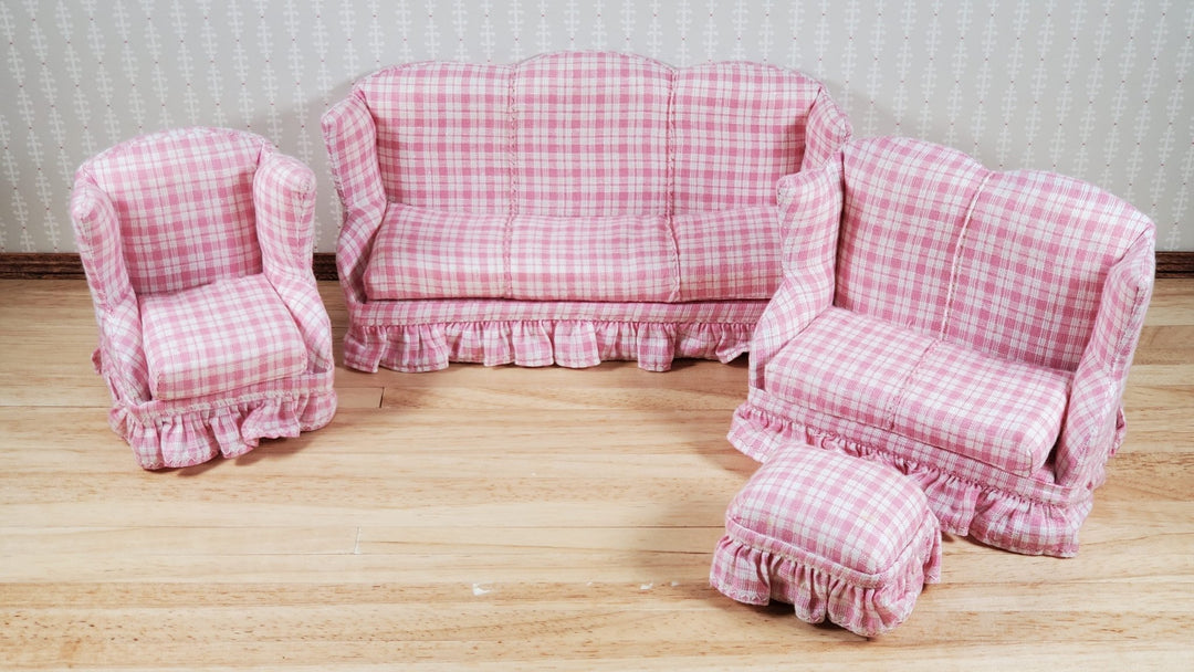 Dollhouse Living Room Set 4 pc Pink Plaid 1:12 Scale Miniature Furniture - MiniatureCrush