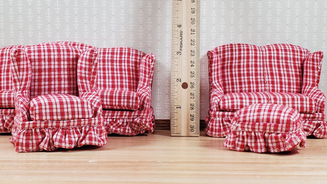 Dollhouse Living Room Set 4 pc Red Plaid 1:12 Scale Miniature Furniture - MiniatureCrush