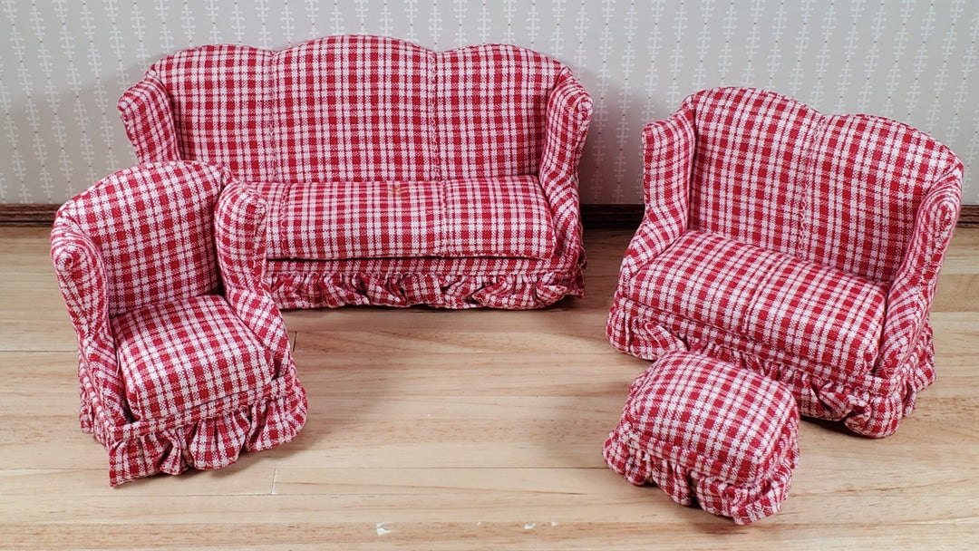 Dollhouse Living Room Set 4 pc Red Plaid 1:12 Scale Miniature Furniture - MiniatureCrush