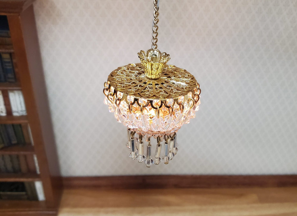 Dollhouse Low Profile Crystal Ceiling Light Deluxe Real Glass 12 Volt 1:12 Scale - MiniatureCrush