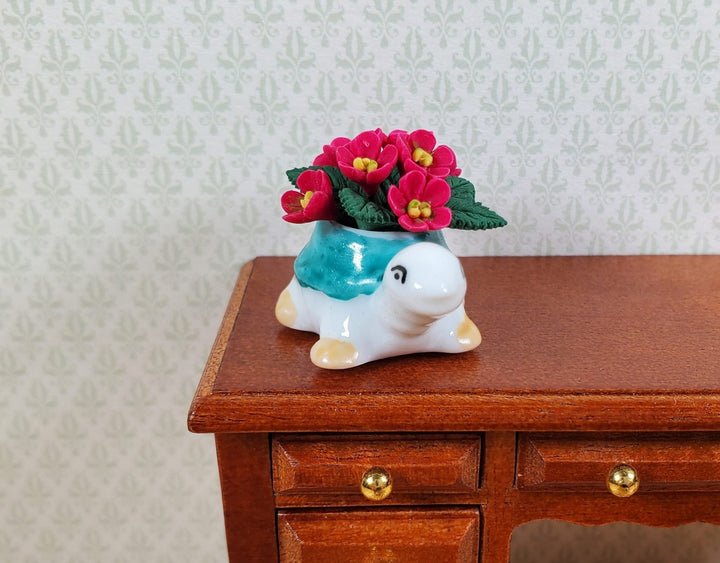 Dollhouse Magenta Flowers in a Ceramic Turtle Planter 1:12 Scale Miniature - MiniatureCrush
