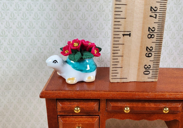 Dollhouse Magenta Flowers in a Ceramic Turtle Planter 1:12 Scale Miniature - MiniatureCrush